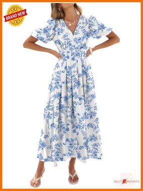 Short Puff Sleeve Floral A-Line Maxi Dress for Wedding Guest Formal Party